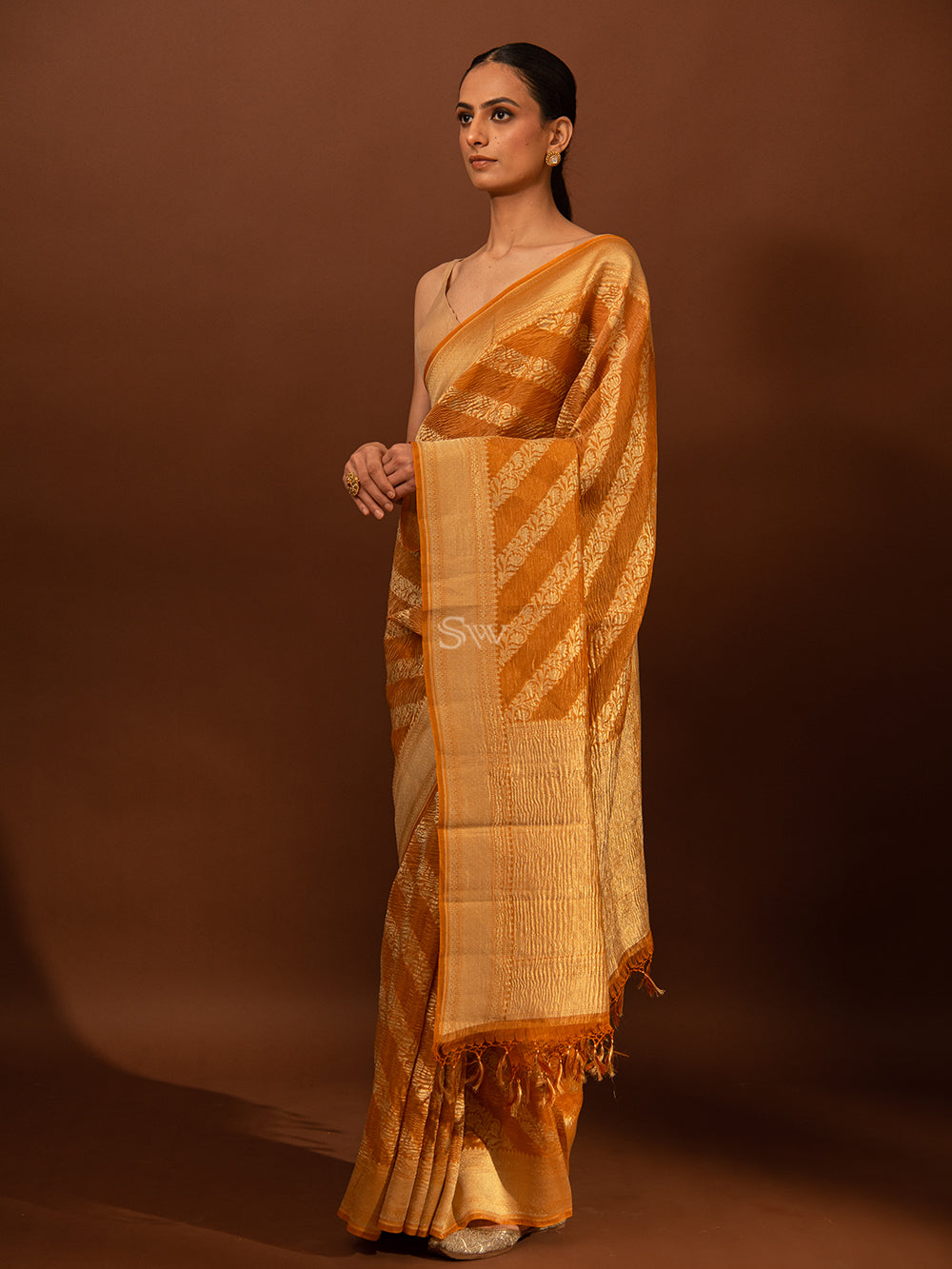 Orange Leheriya Crush Tissue Handloom Banarasi Saree - Sacred Weaves
