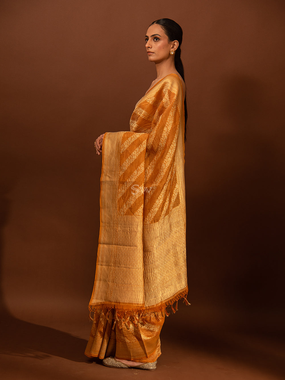 Orange Leheriya Crush Tissue Handloom Banarasi Saree - Sacred Weaves