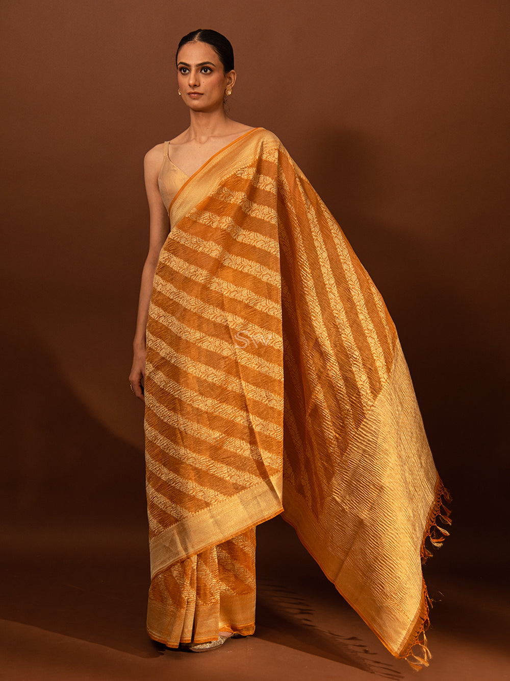 Orange Leheriya Crush Tissue Handloom Banarasi Saree - Sacred Weaves
