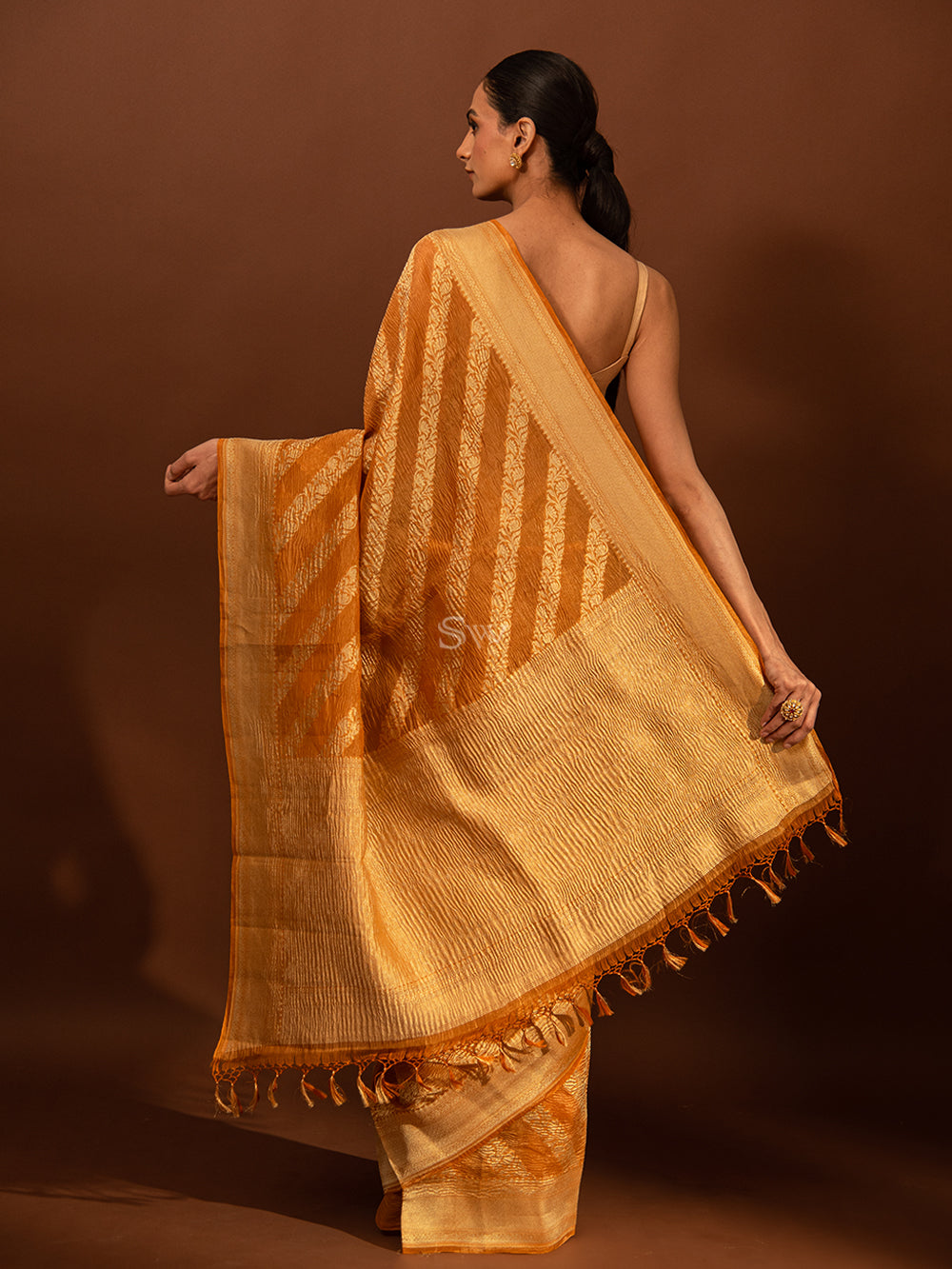 Orange Leheriya Crush Tissue Handloom Banarasi Saree - Sacred Weaves