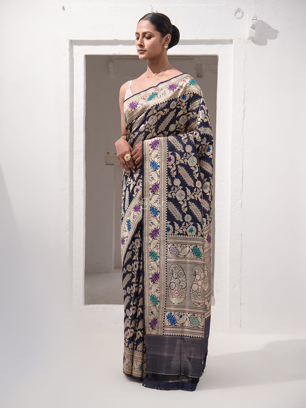 Inky Blue Meenakari Katan Silk Handloom Banarasi Saree - Sacred Weaves