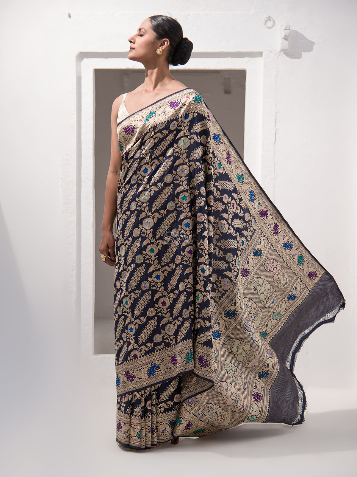Inky Blue Meenakari Katan Silk Handloom Banarasi Saree - Sacred Weaves
