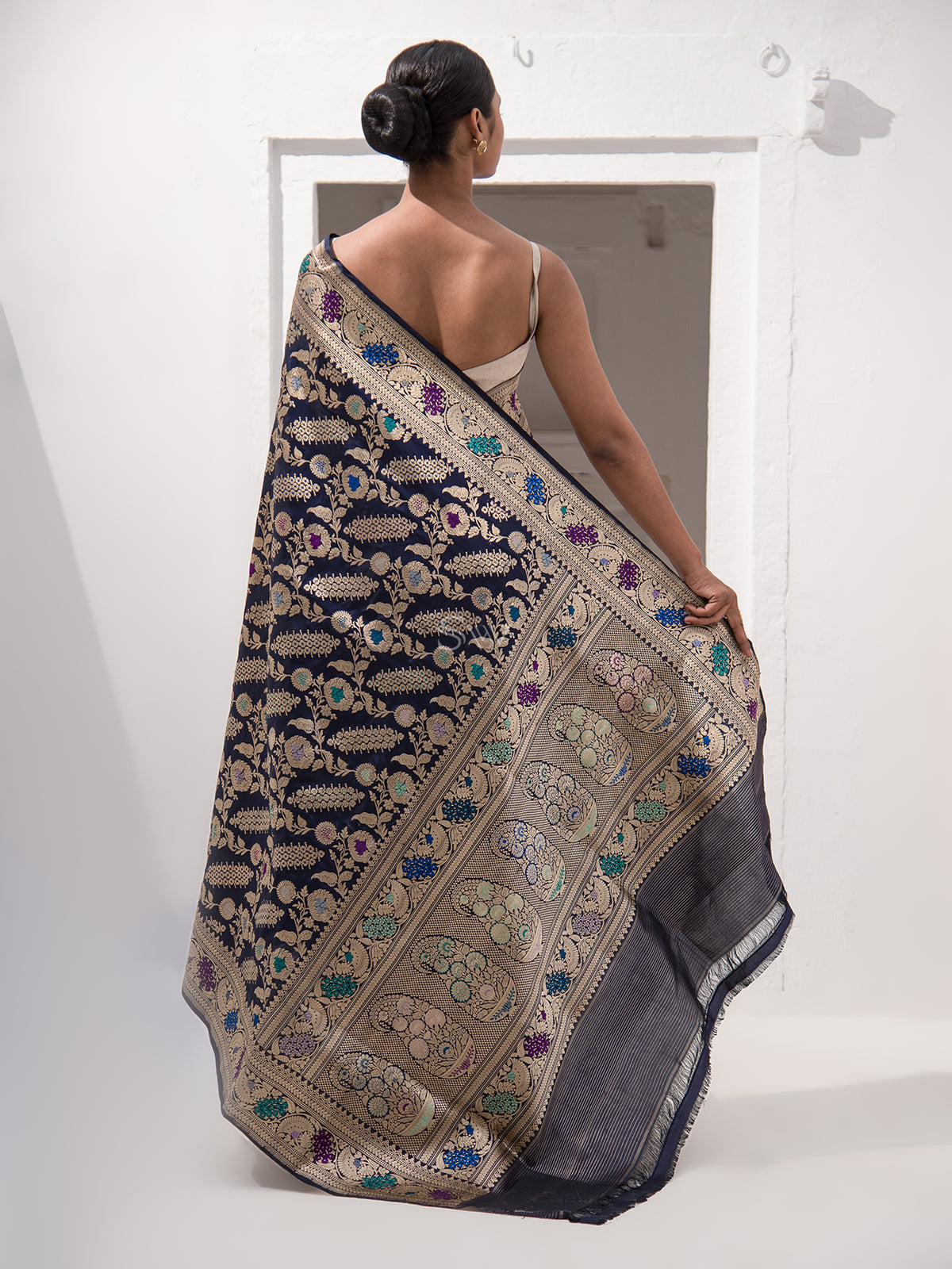 Inky Blue Meenakari Katan Silk Handloom Banarasi Saree - Sacred Weaves