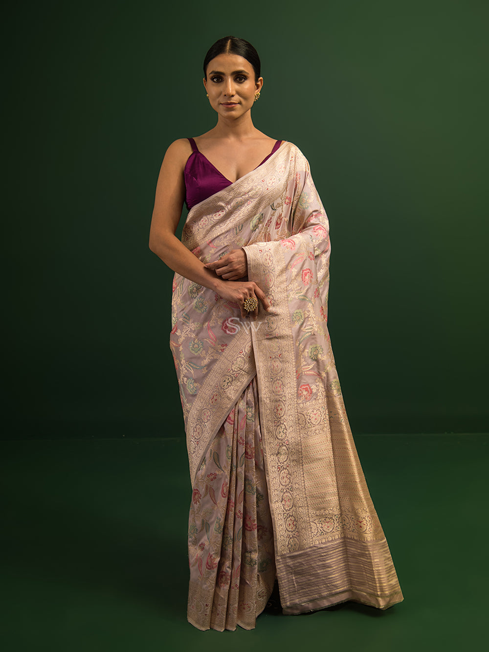 Grey Meenakari Katan Silk Handloom Banarasi Saree - Sacred Weaves