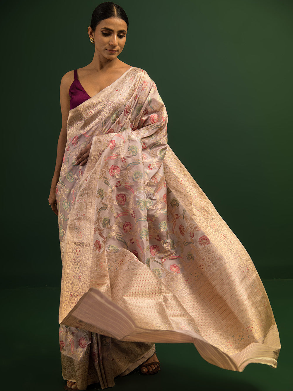 Grey Meenakari Katan Silk Handloom Banarasi Saree - Sacred Weaves