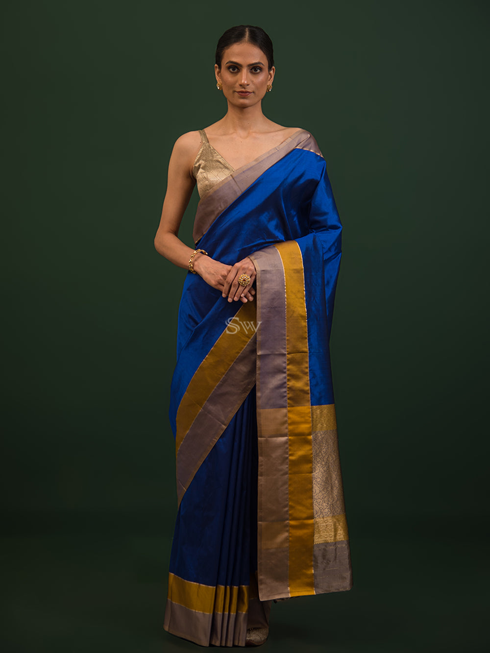 Royal Blue Plain Katan Silk Handloom Banarasi Saree - Sacred Weaves