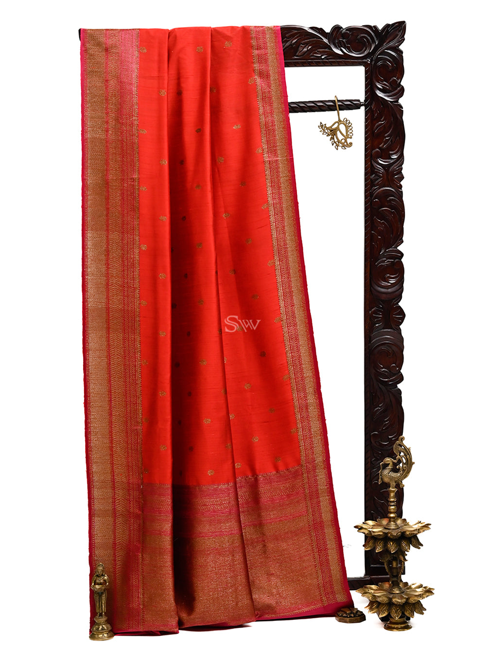 Red Booti Dupion Silk Handloom Banarasi Saree - Sacred Weaves