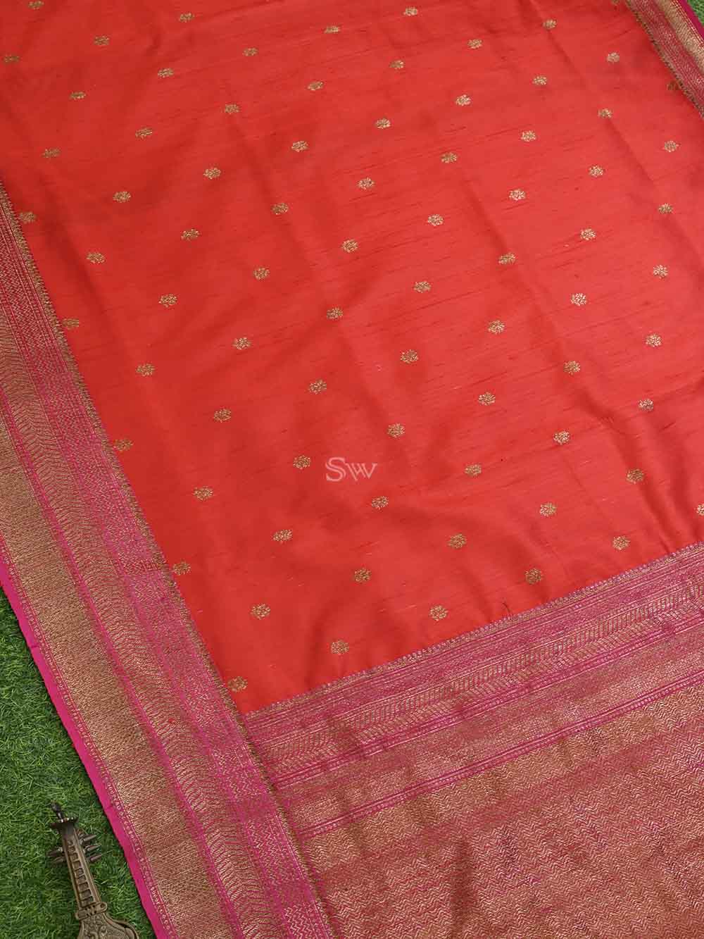 Red Booti Dupion Silk Handloom Banarasi Saree - Sacred Weaves