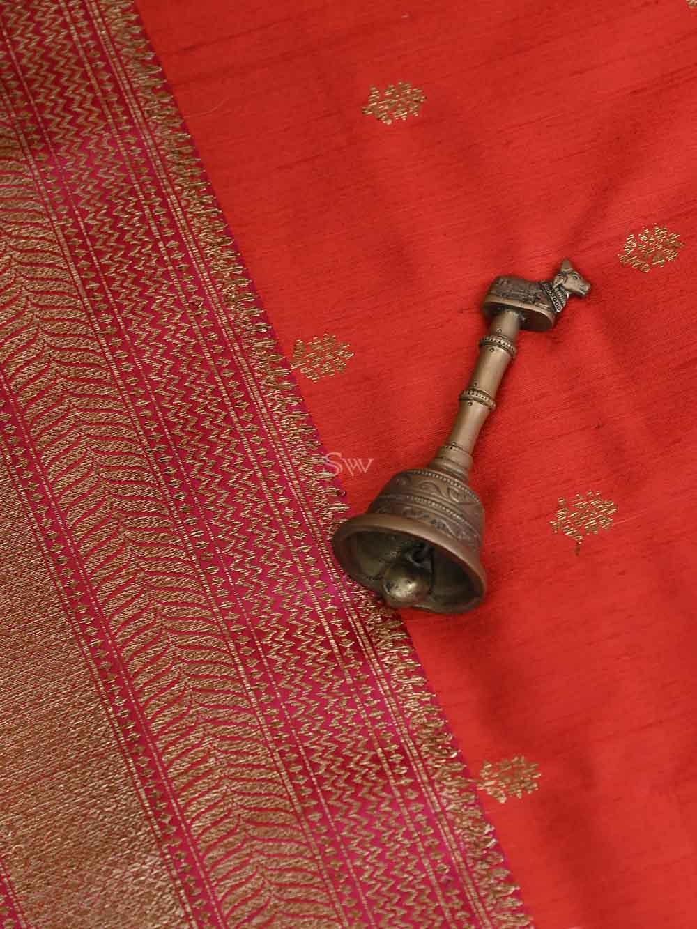 Red Booti Dupion Silk Handloom Banarasi Saree - Sacred Weaves