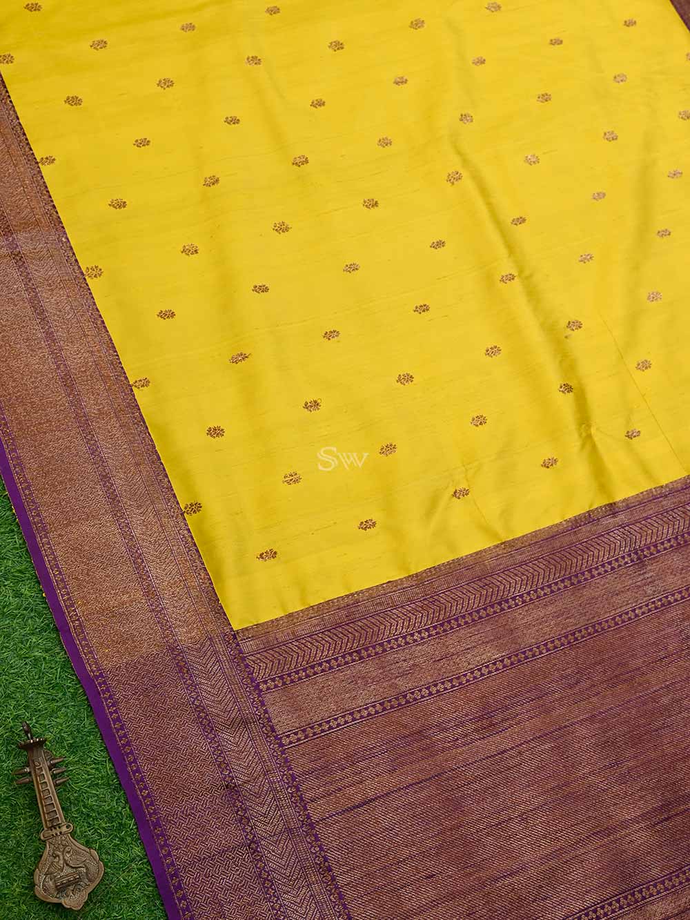 Yellow Booti Dupion Silk Handloom Banarasi Saree - Sacred Weaves