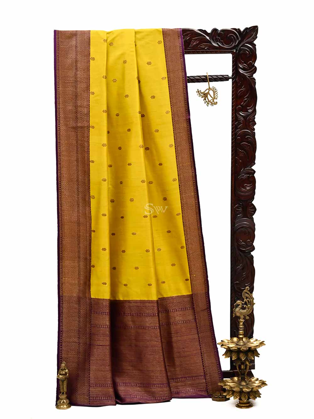 Yellow Booti Dupion Silk Handloom Banarasi Saree - Sacred Weaves