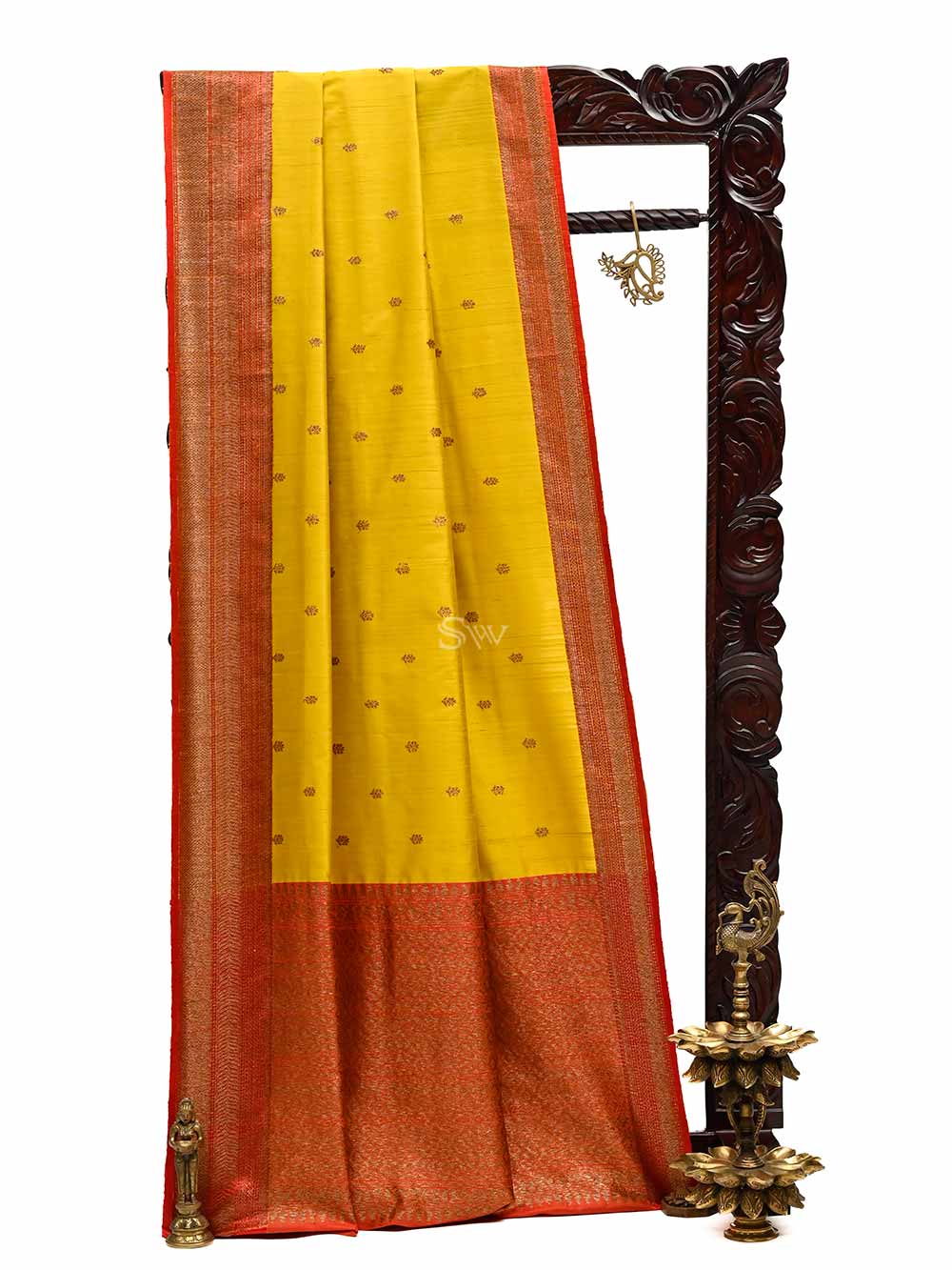 Yellow Booti Dupion Silk Handloom Banarasi Saree - Sacred Weaves