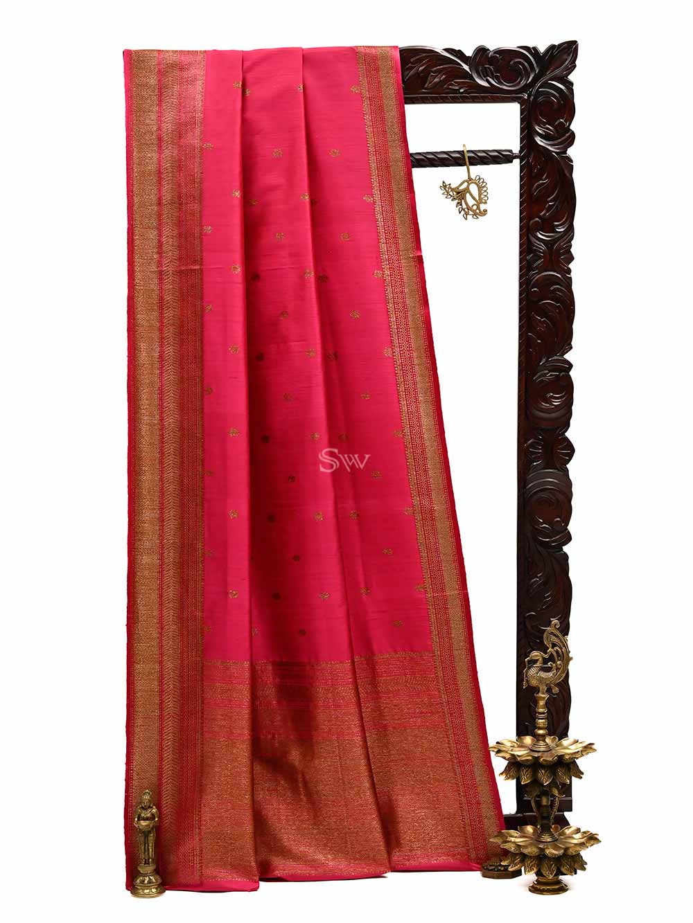 Dark Pink Booti Dupion Silk Handloom Banarasi Saree - Sacred Weaves