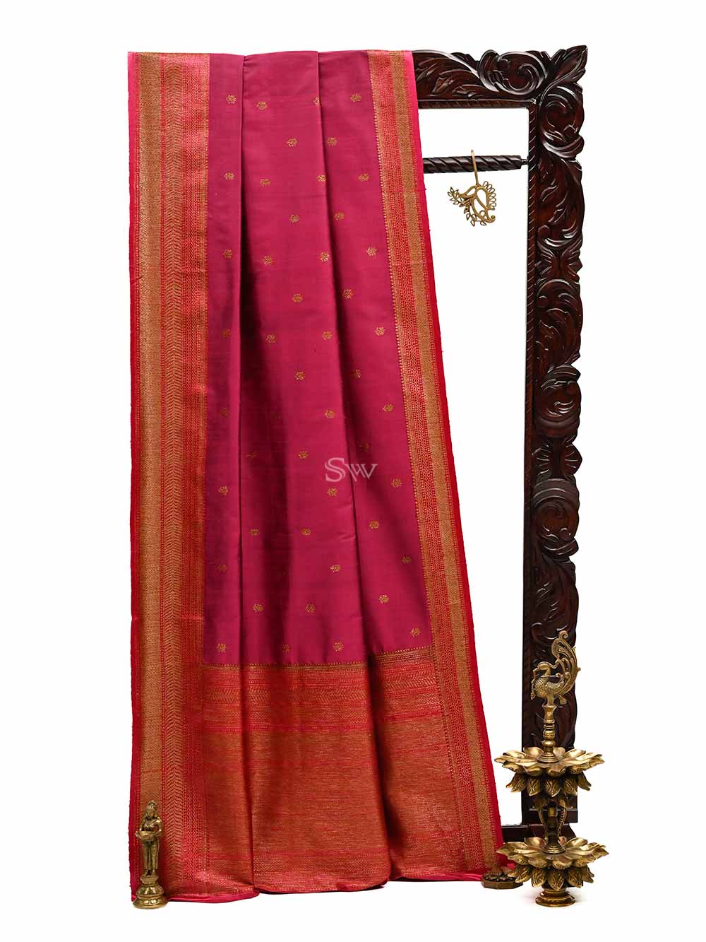 Dark Magenta Booti Dupion Silk Handloom Banarasi Saree - Sacred Weaves
