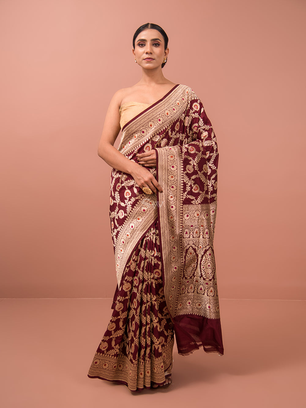 Wine Meenakari Uppada Katan Silk Handloom Banarasi Saree - Sacred Weaves