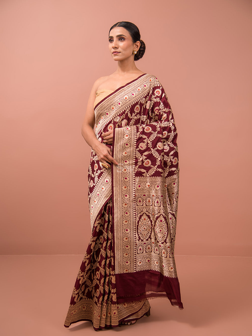 Wine Meenakari Uppada Katan Silk Handloom Banarasi Saree - Sacred Weaves