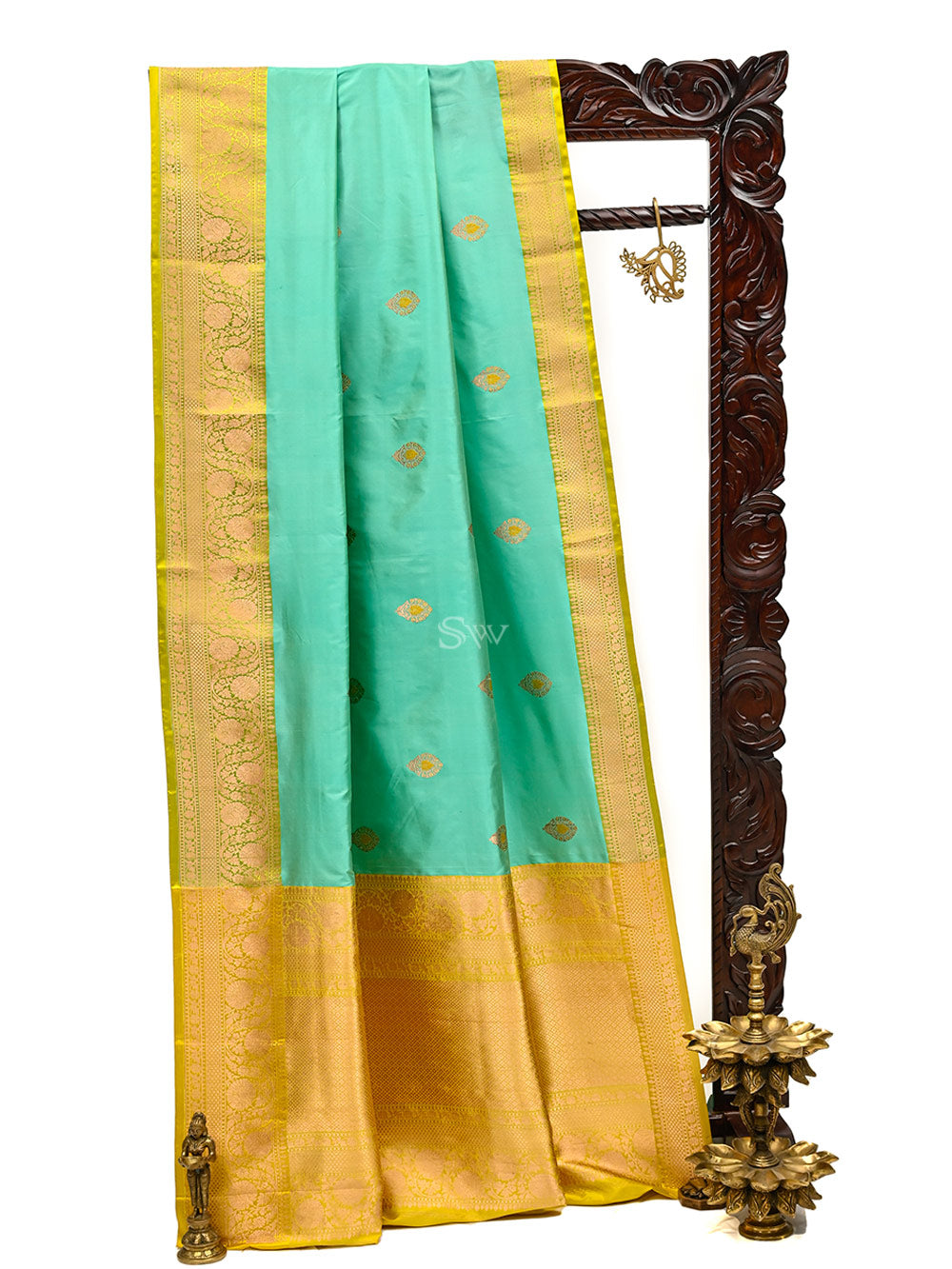 Turquoise Meenakari Boota Katan Silk Handloom Banarasi Saree - Sacred Weaves