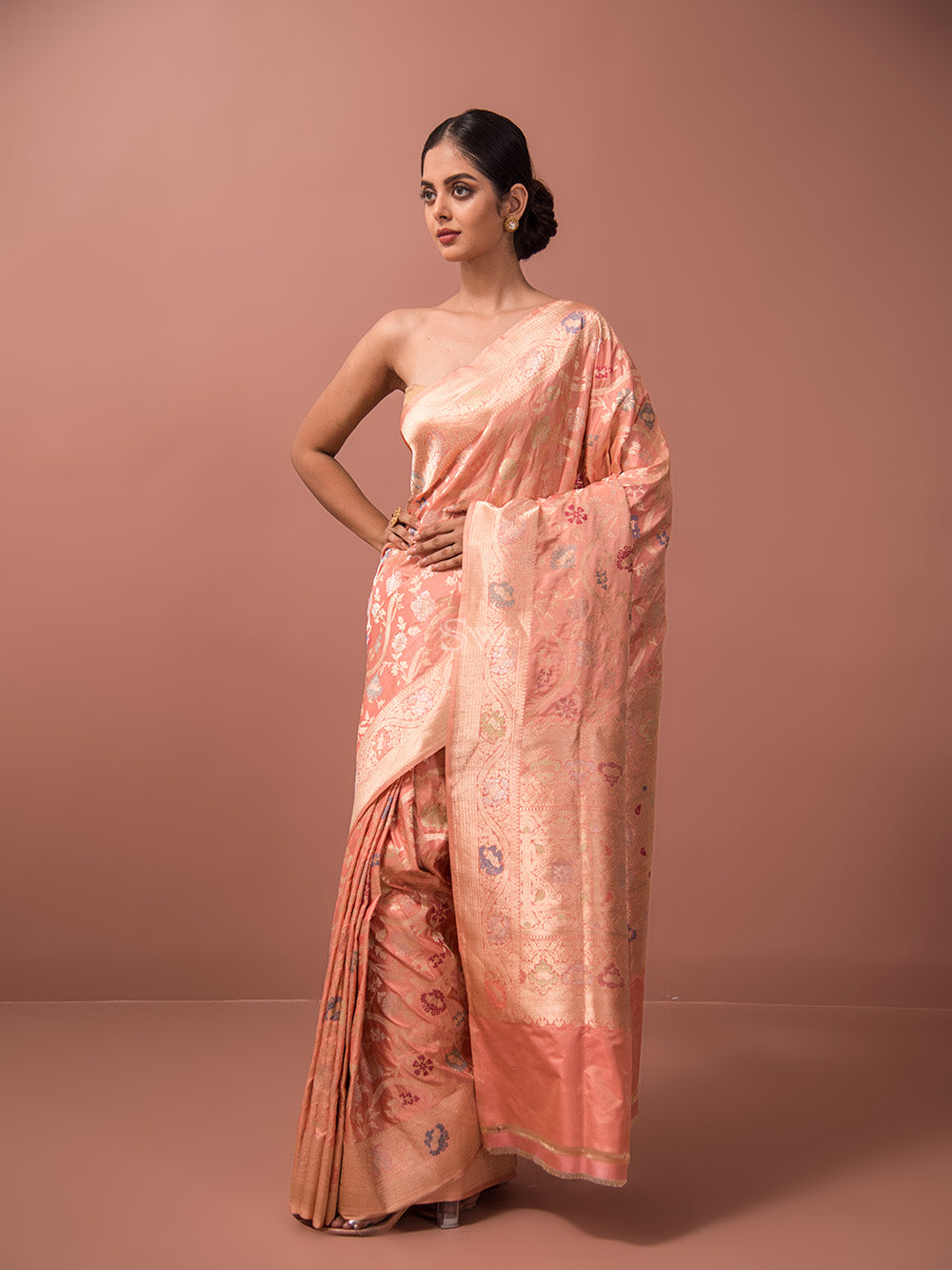 Peach Meenakari Katan Silk Handloom Banarasi Saree - Sacred Weaves