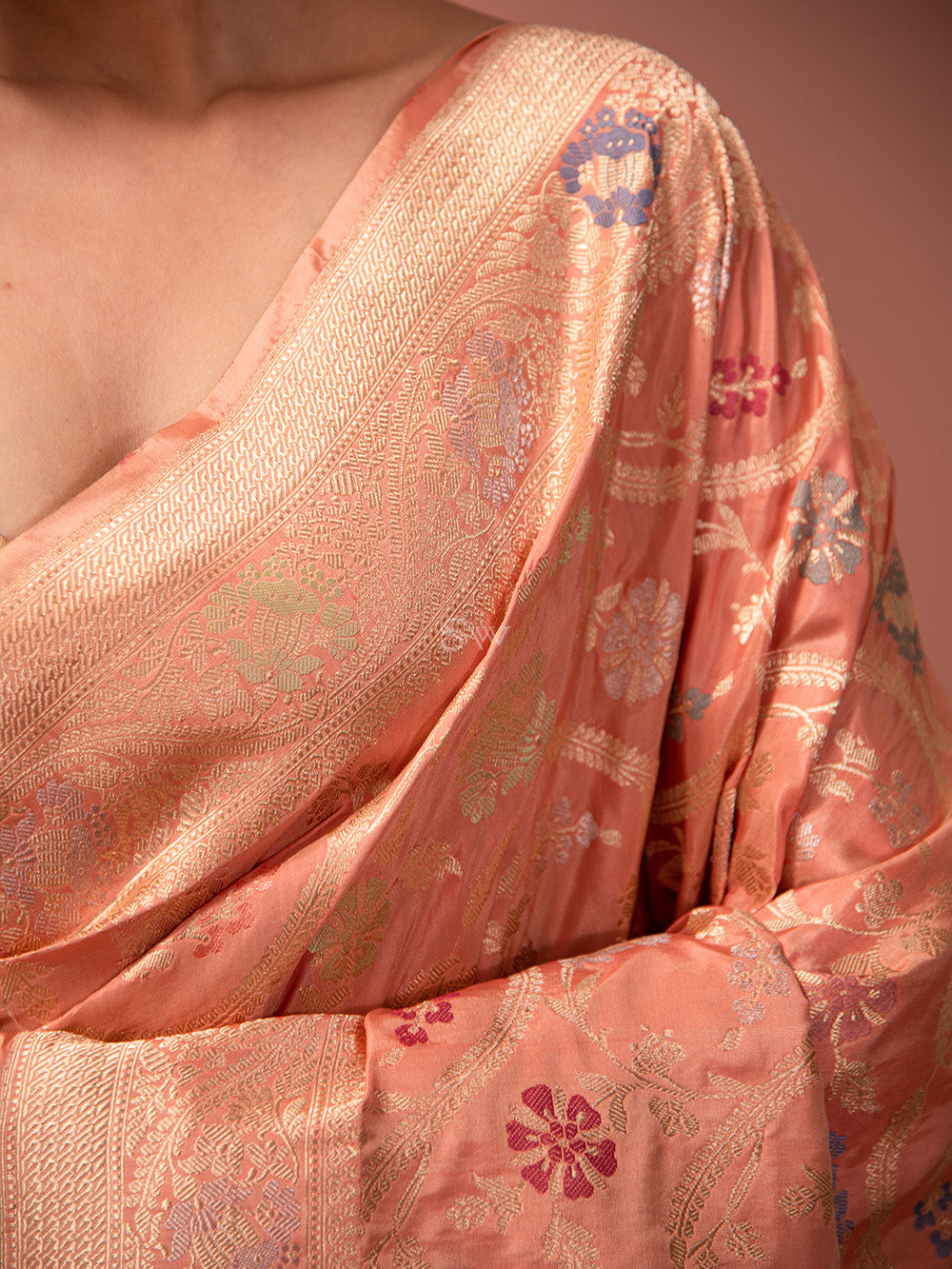 Peach Meenakari Katan Silk Handloom Banarasi Saree - Sacred Weaves