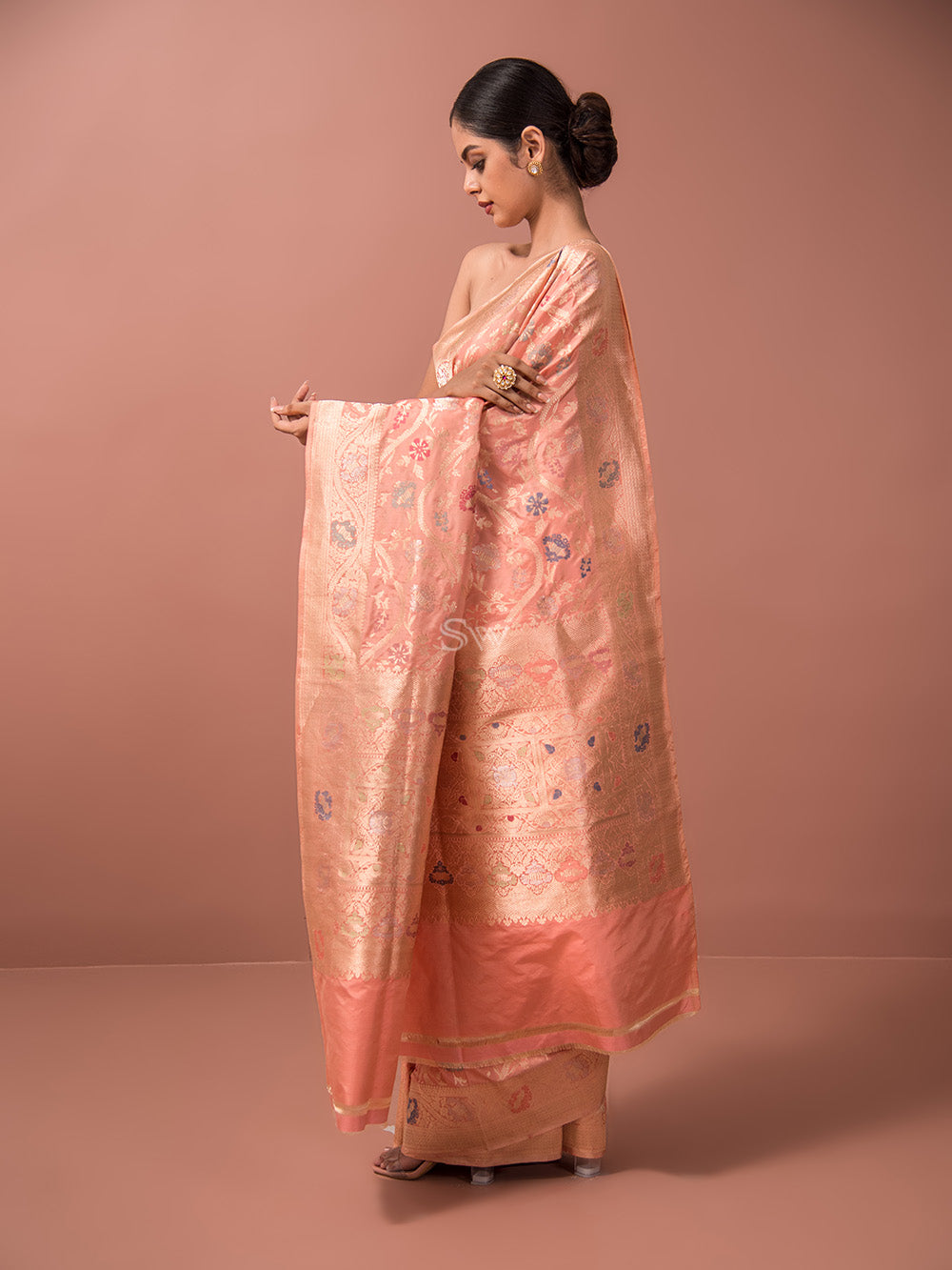 Peach Meenakari Katan Silk Handloom Banarasi Saree - Sacred Weaves