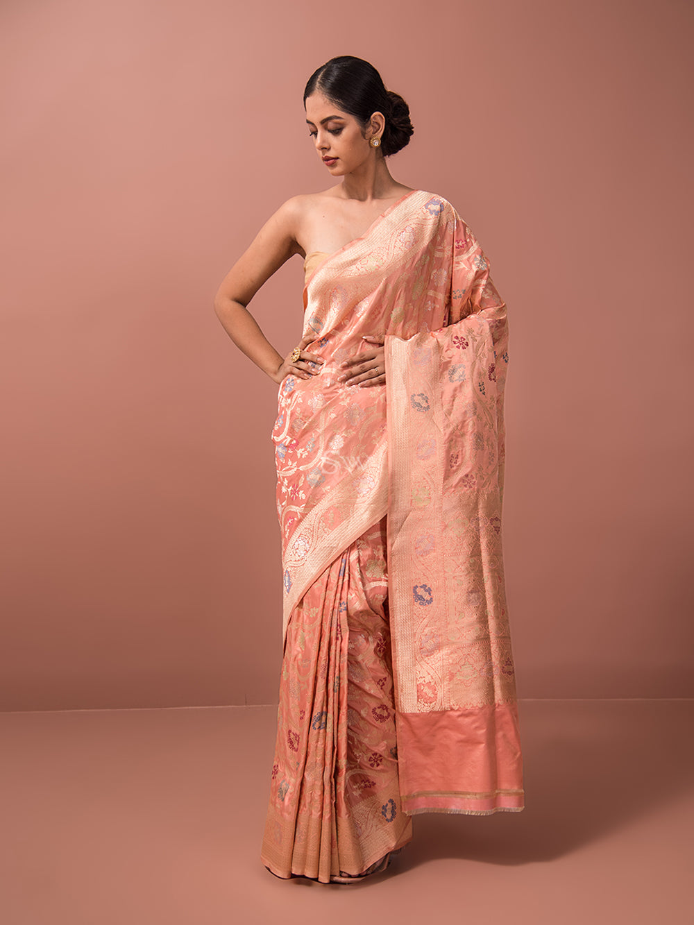 Peach Meenakari Katan Silk Handloom Banarasi Saree - Sacred Weaves