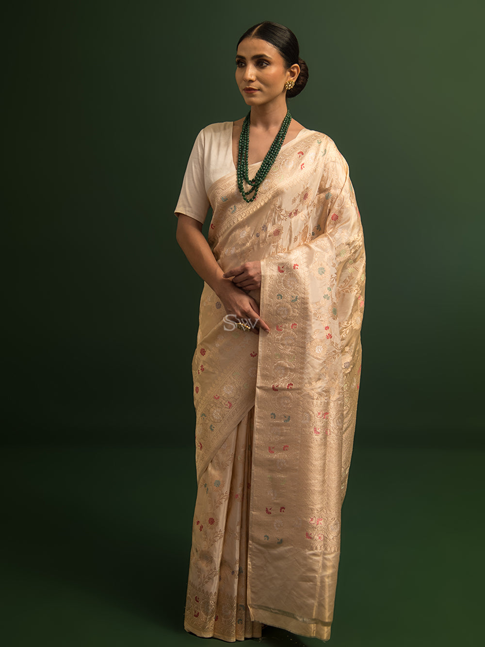 Beige Gold Meenakari Katan Tissue Silk Handloom Banarasi Saree - Sacred Weaves