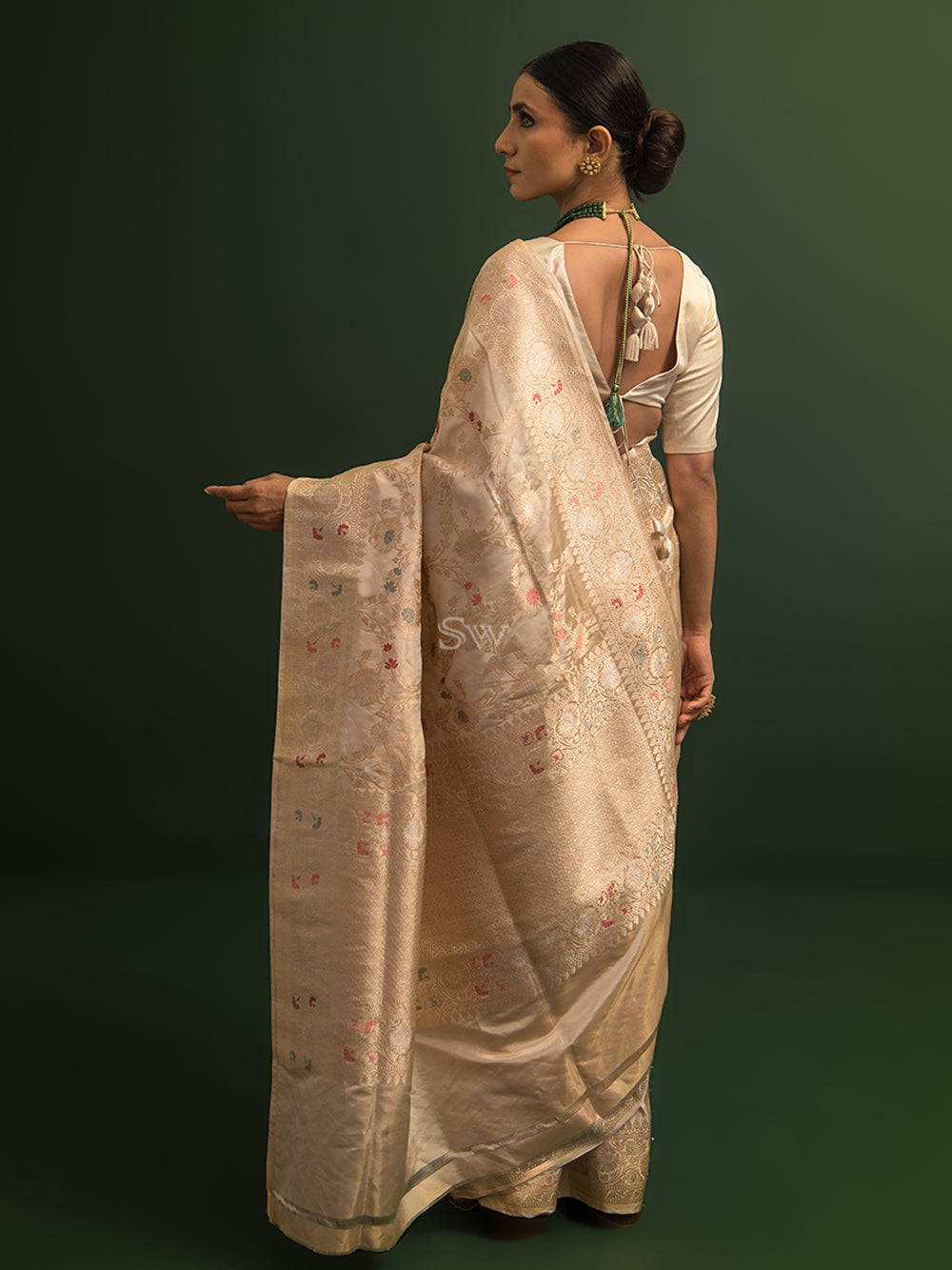 Beige Gold Meenakari Katan Tissue Silk Handloom Banarasi Saree - Sacred Weaves