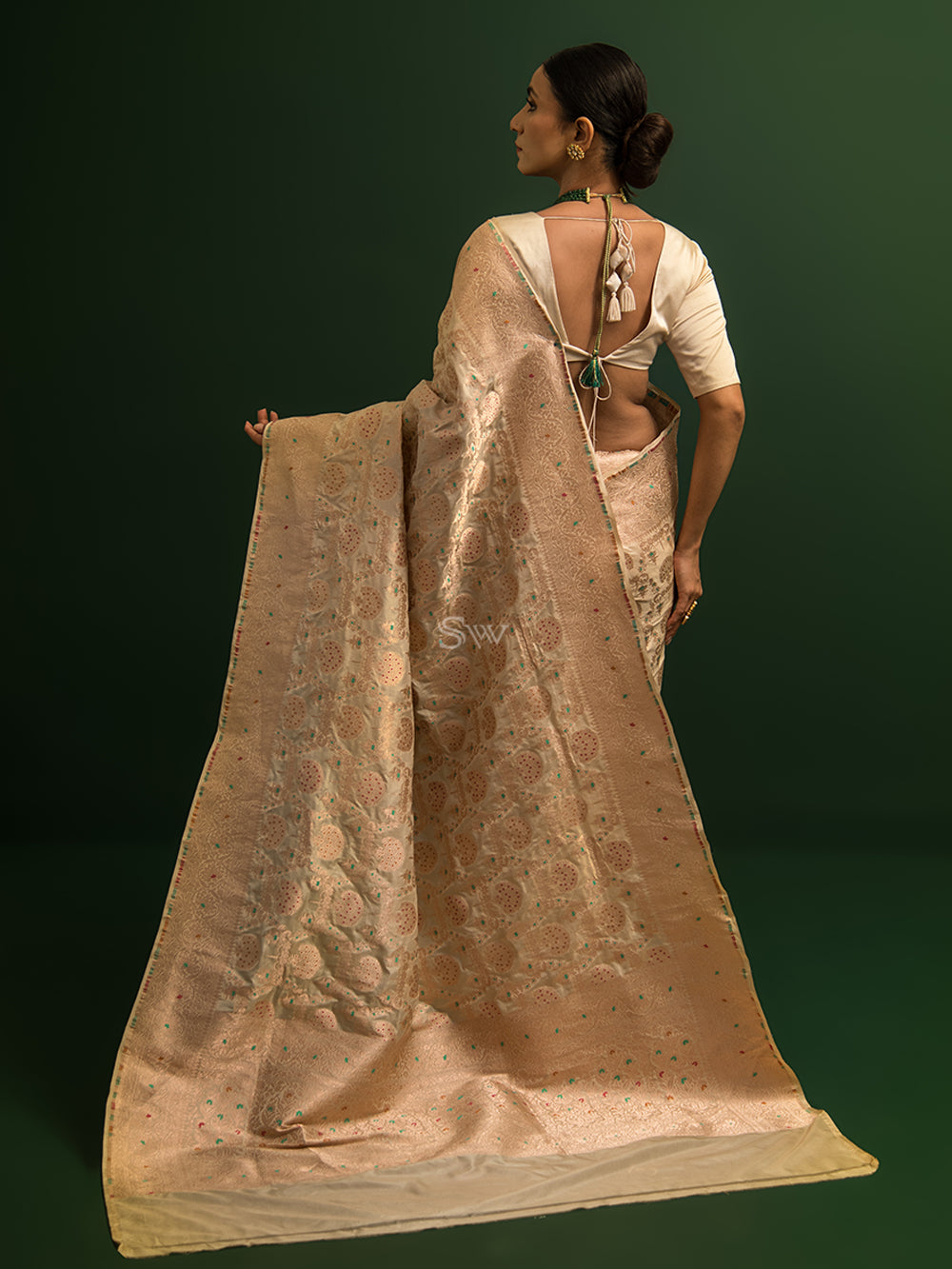 Beige Gold Meenakari Katan Tissue Silk Handloom Banarasi Saree - Sacred Weaves