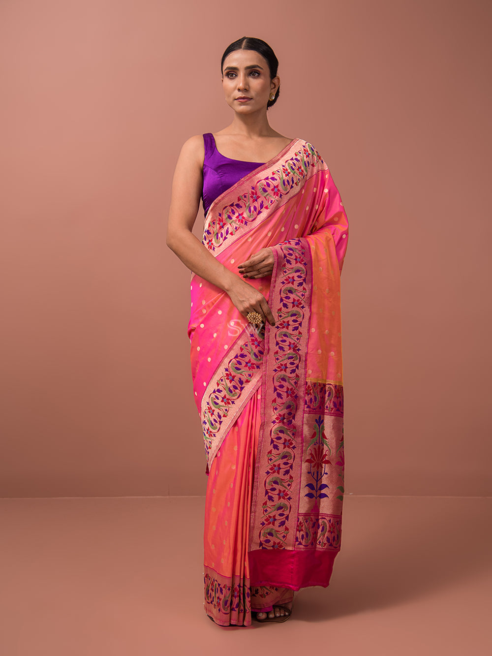 Orange Pink Paithani Katan Silk Handloom Banarasi Saree - Sacred Weaves