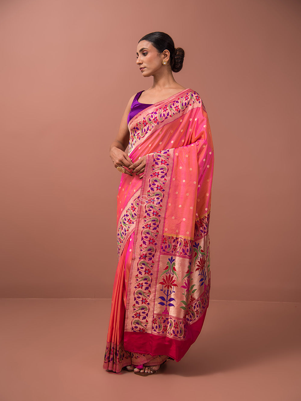 Orange Pink Paithani Katan Silk Handloom Banarasi Saree - Sacred Weaves