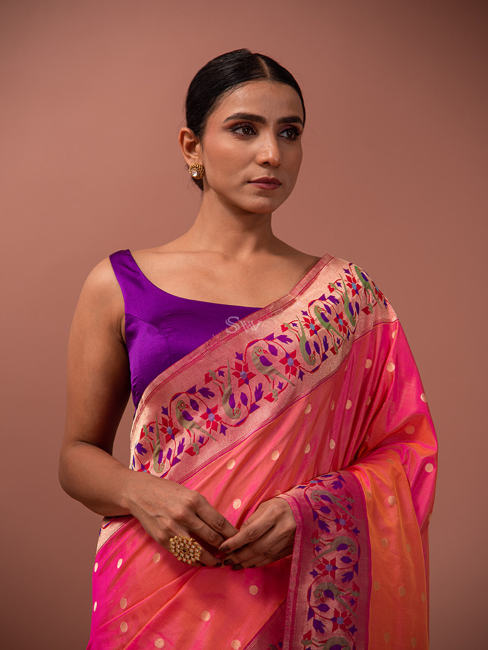 Orange Pink Paithani Katan Silk Handloom Banarasi Saree - Sacred Weaves