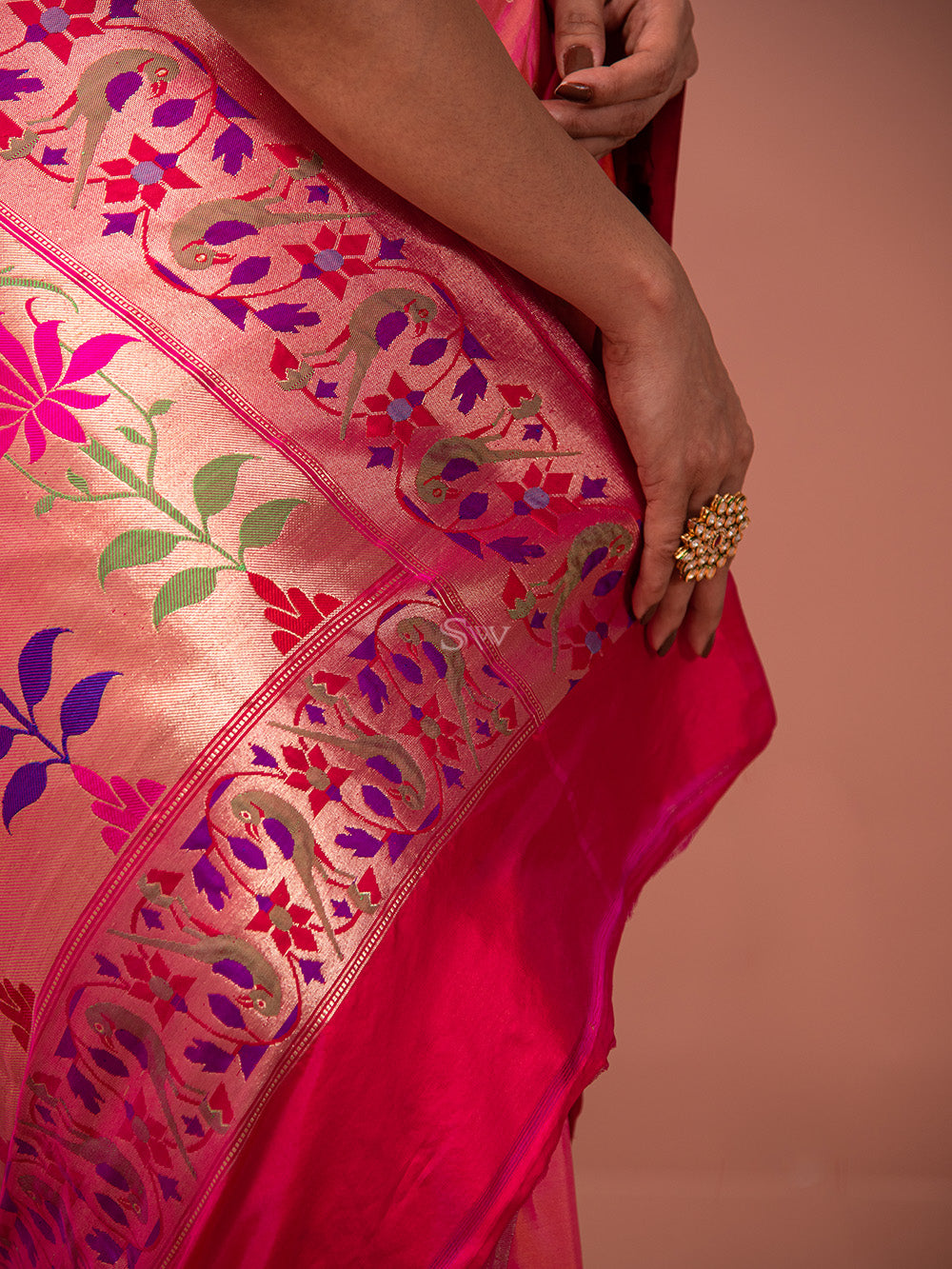 Orange Pink Paithani Katan Silk Handloom Banarasi Saree - Sacred Weaves