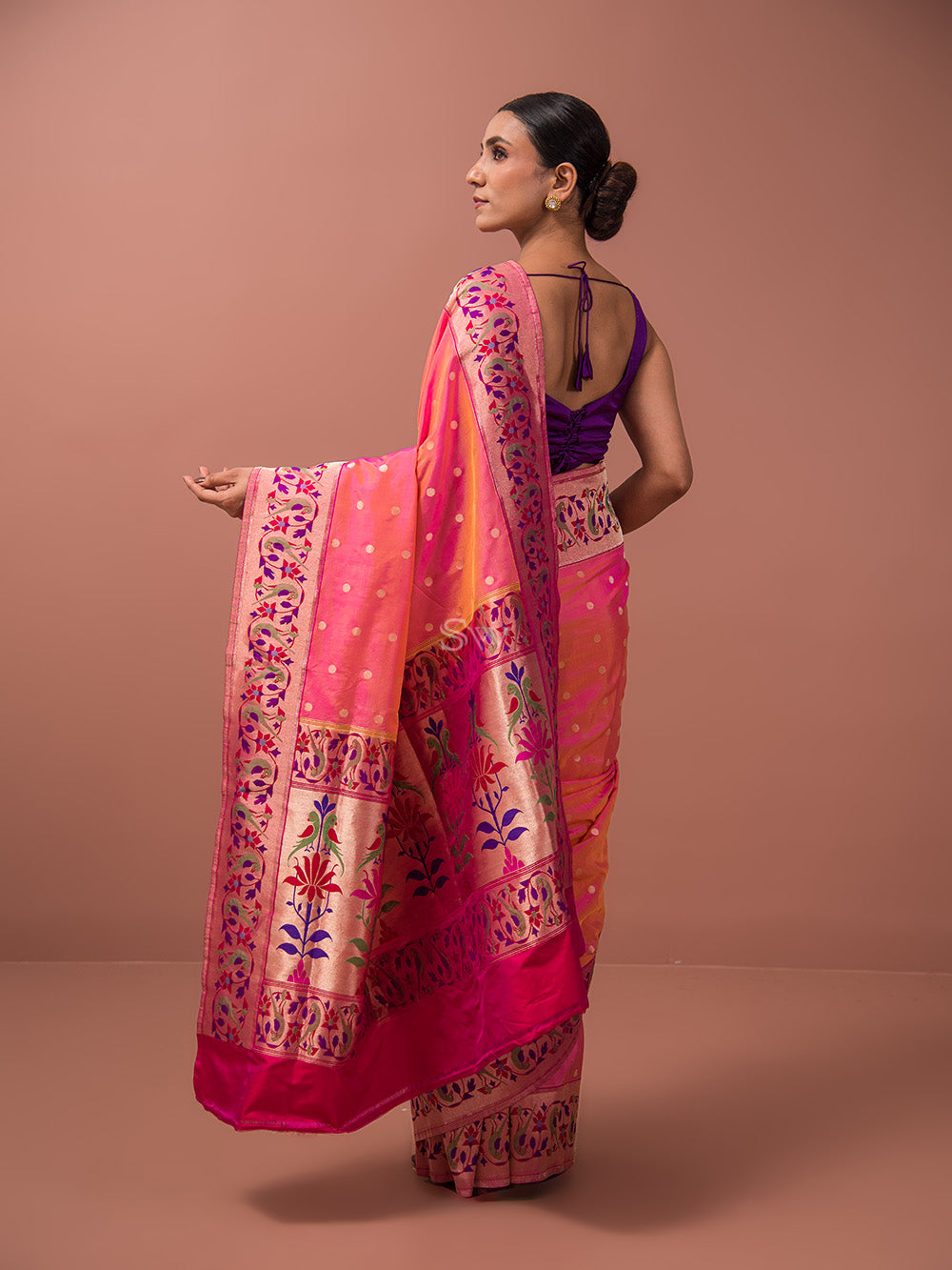 Orange Pink Paithani Katan Silk Handloom Banarasi Saree - Sacred Weaves