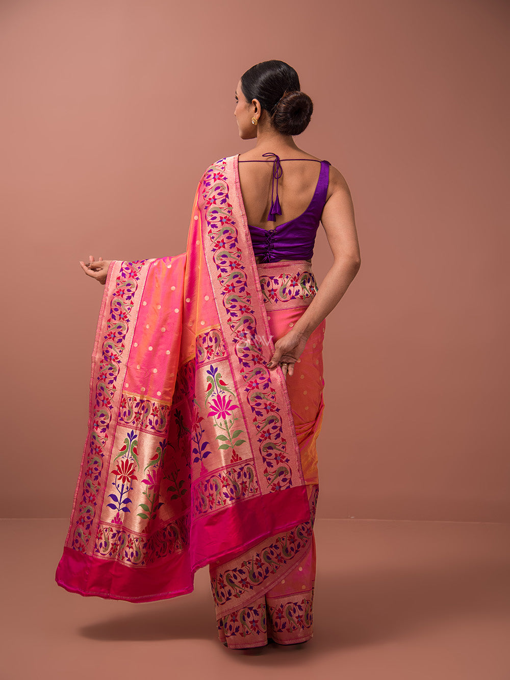 Orange Pink Paithani Katan Silk Handloom Banarasi Saree - Sacred Weaves