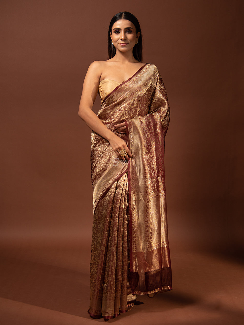Wine Gold Jaal Tissue Handloom Banarasi Saree - Sacred Weaves