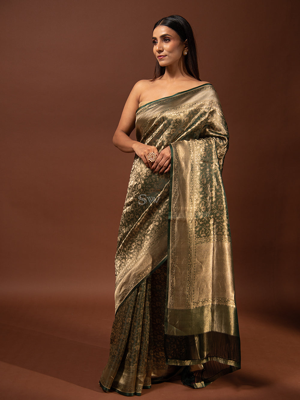 Bottle Green Gold Jaal Tissue Handloom Banarasi Saree - Sacred Weaves