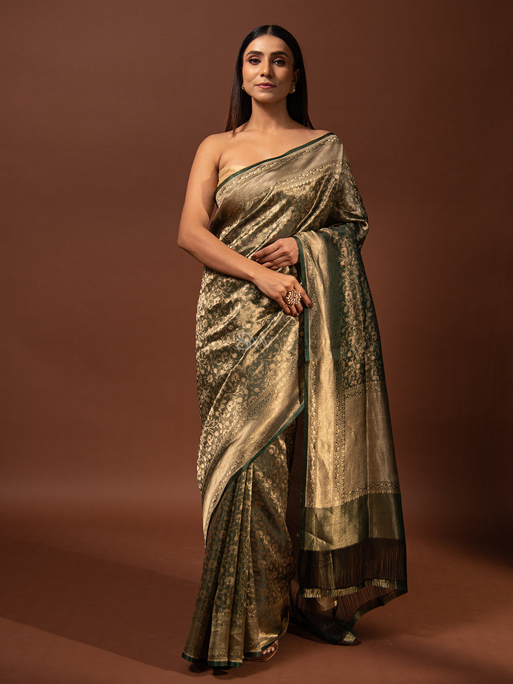 Bottle Green Gold Jaal Tissue Handloom Banarasi Saree - Sacred Weaves
