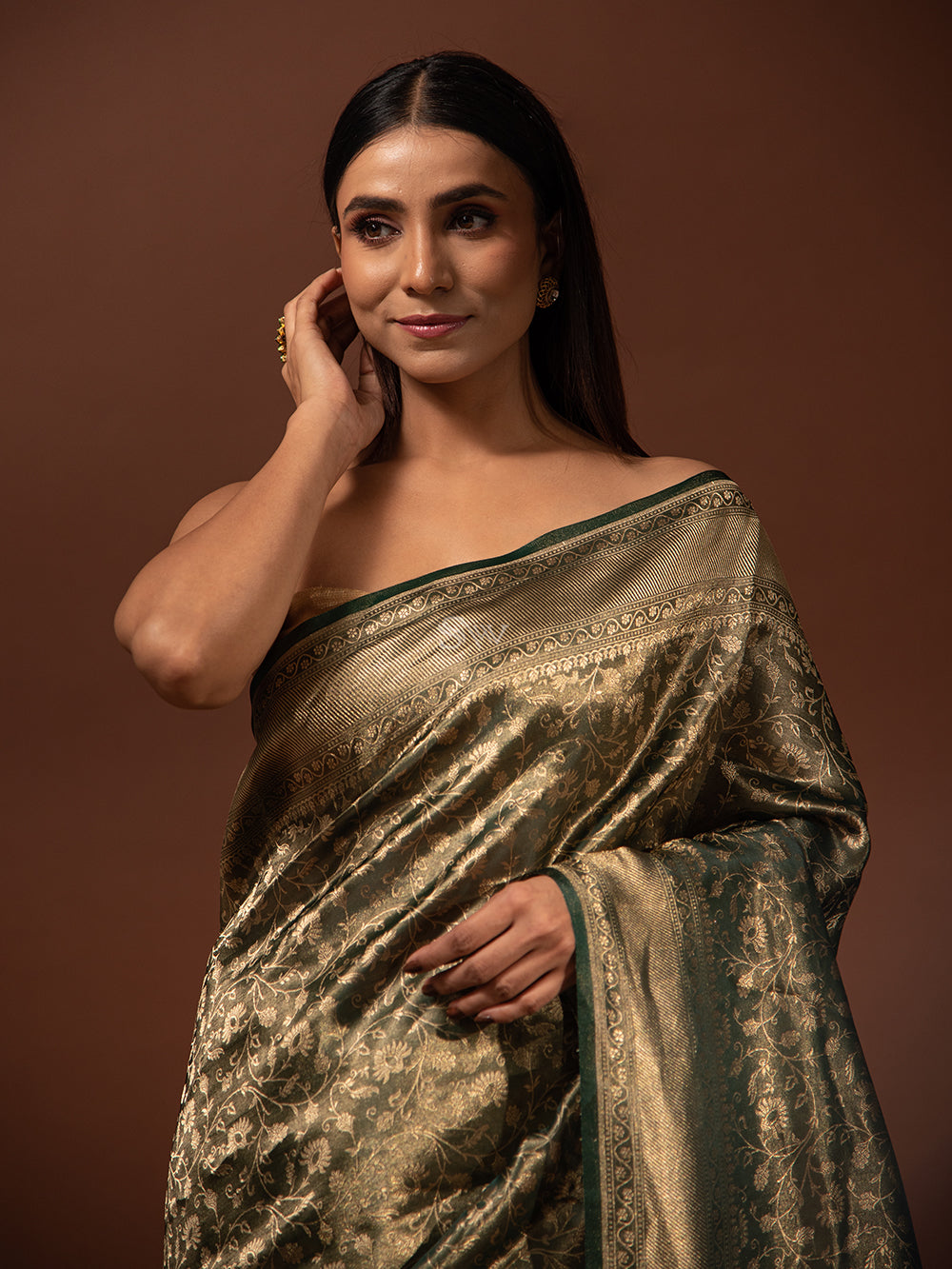 Bottle Green Gold Jaal Tissue Handloom Banarasi Saree - Sacred Weaves