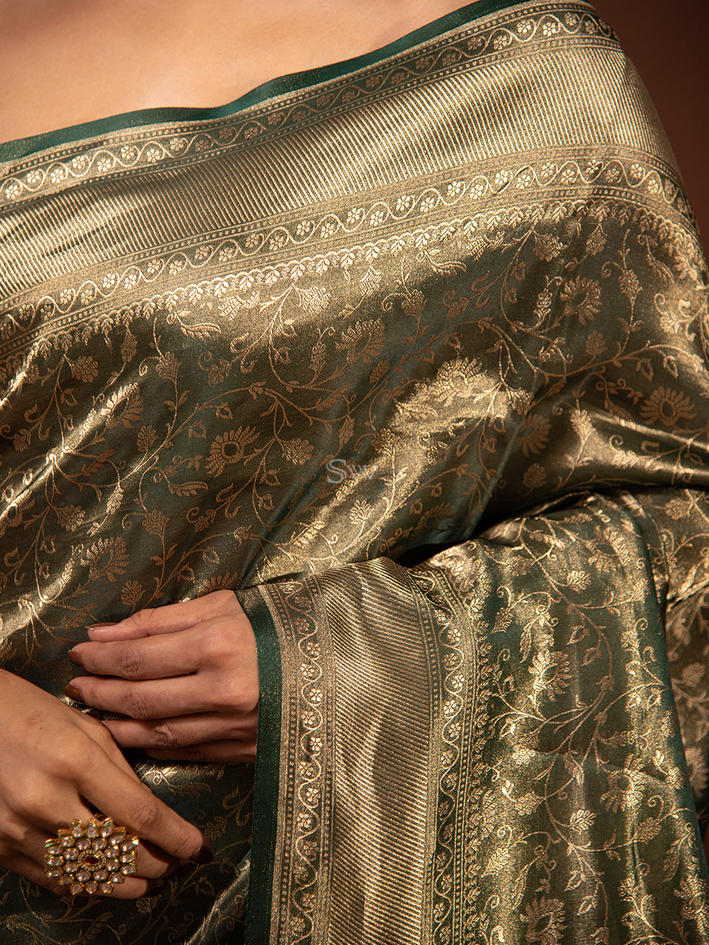 Bottle Green Gold Jaal Tissue Handloom Banarasi Saree - Sacred Weaves