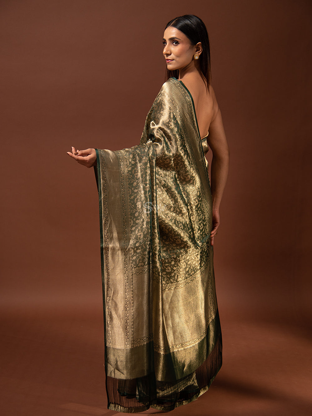 Bottle Green Gold Jaal Tissue Handloom Banarasi Saree - Sacred Weaves