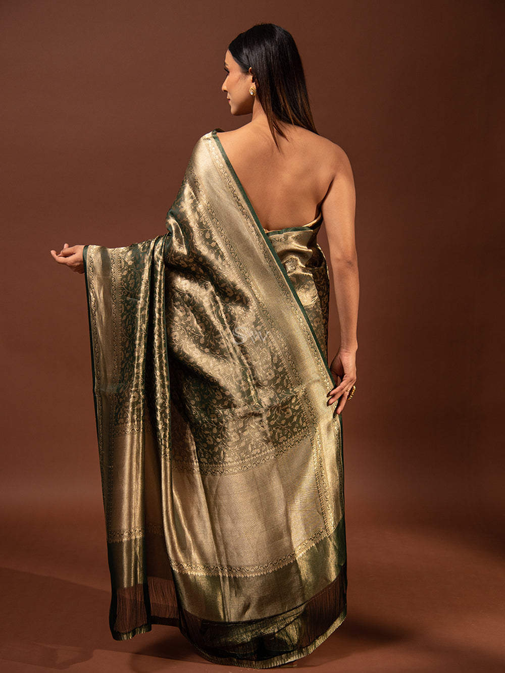 Bottle Green Gold Jaal Tissue Handloom Banarasi Saree - Sacred Weaves