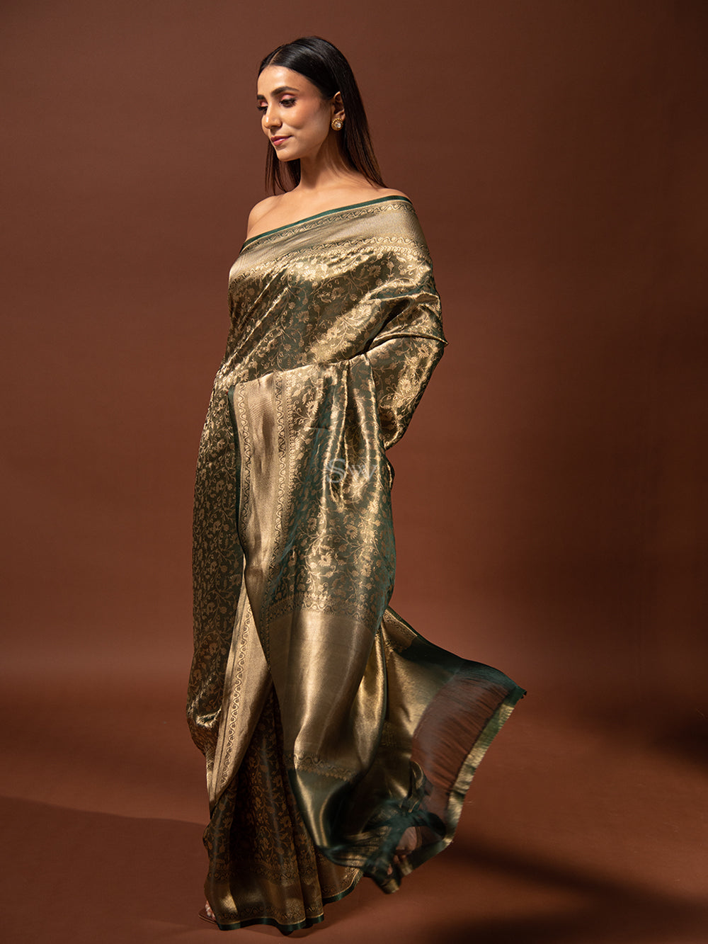 Bottle Green Gold Jaal Tissue Handloom Banarasi Saree - Sacred Weaves
