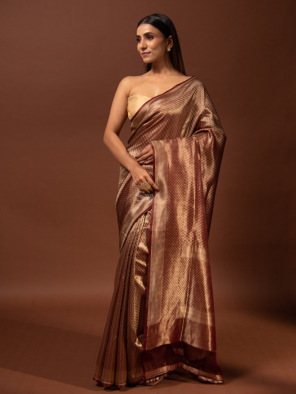 Wine Gold Tissue Handloom Banarasi Saree - Sacred Weaves
