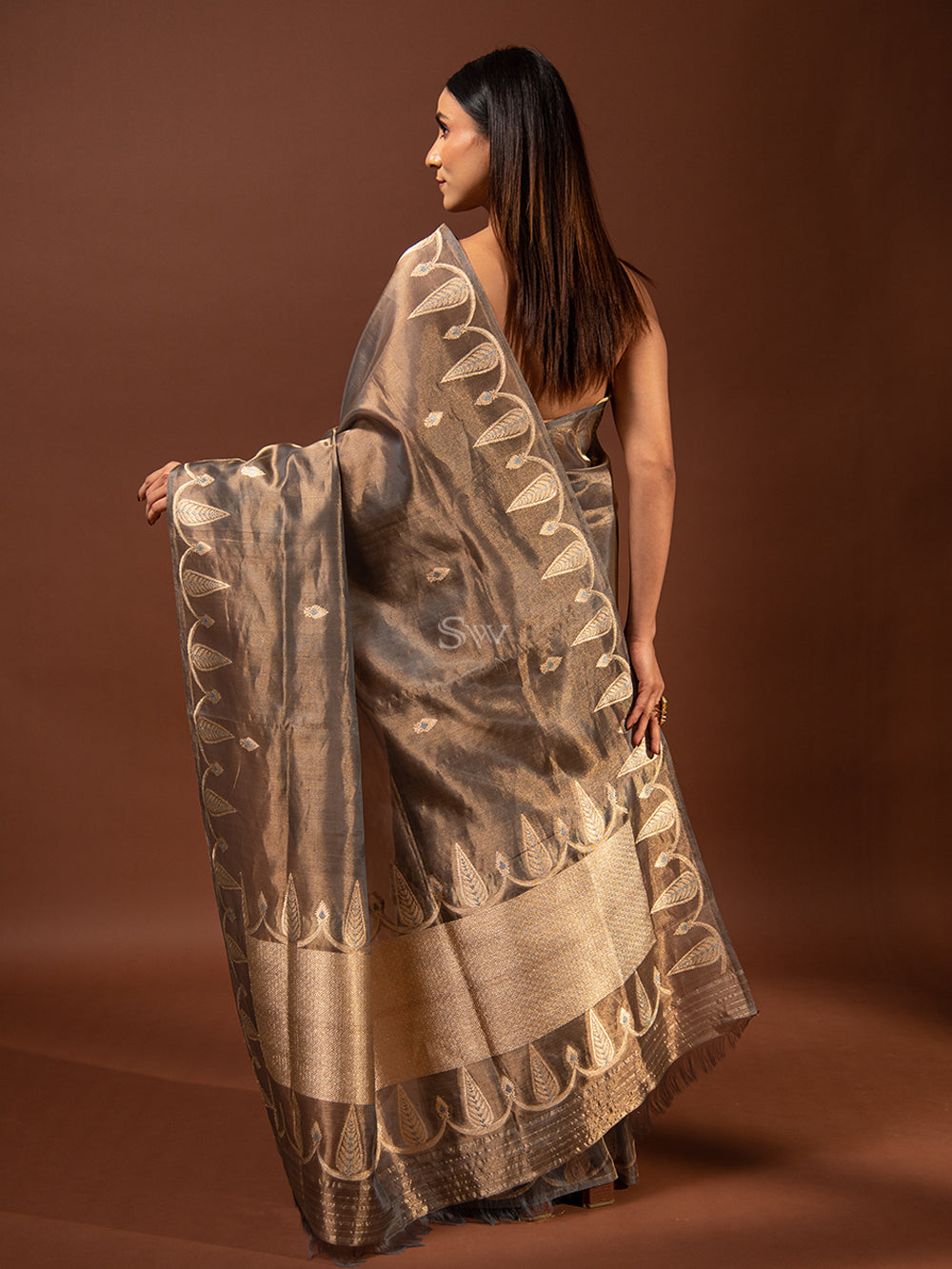 Bluish Grey Meenakari Katan Silk Tissue Handloom Banarasi Saree - Sacred Weaves