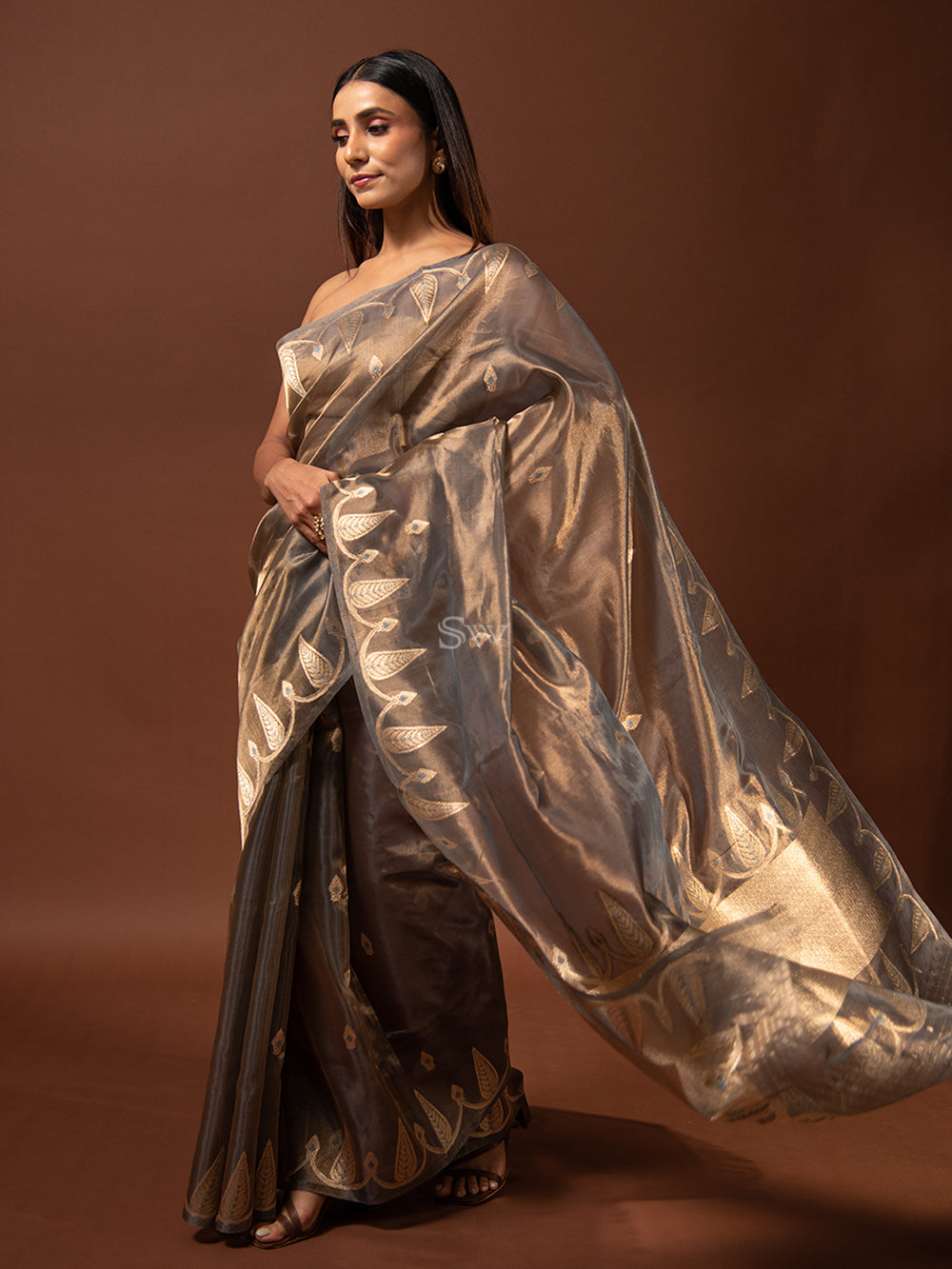 Bluish Grey Meenakari Katan Silk Tissue Handloom Banarasi Saree - Sacred Weaves
