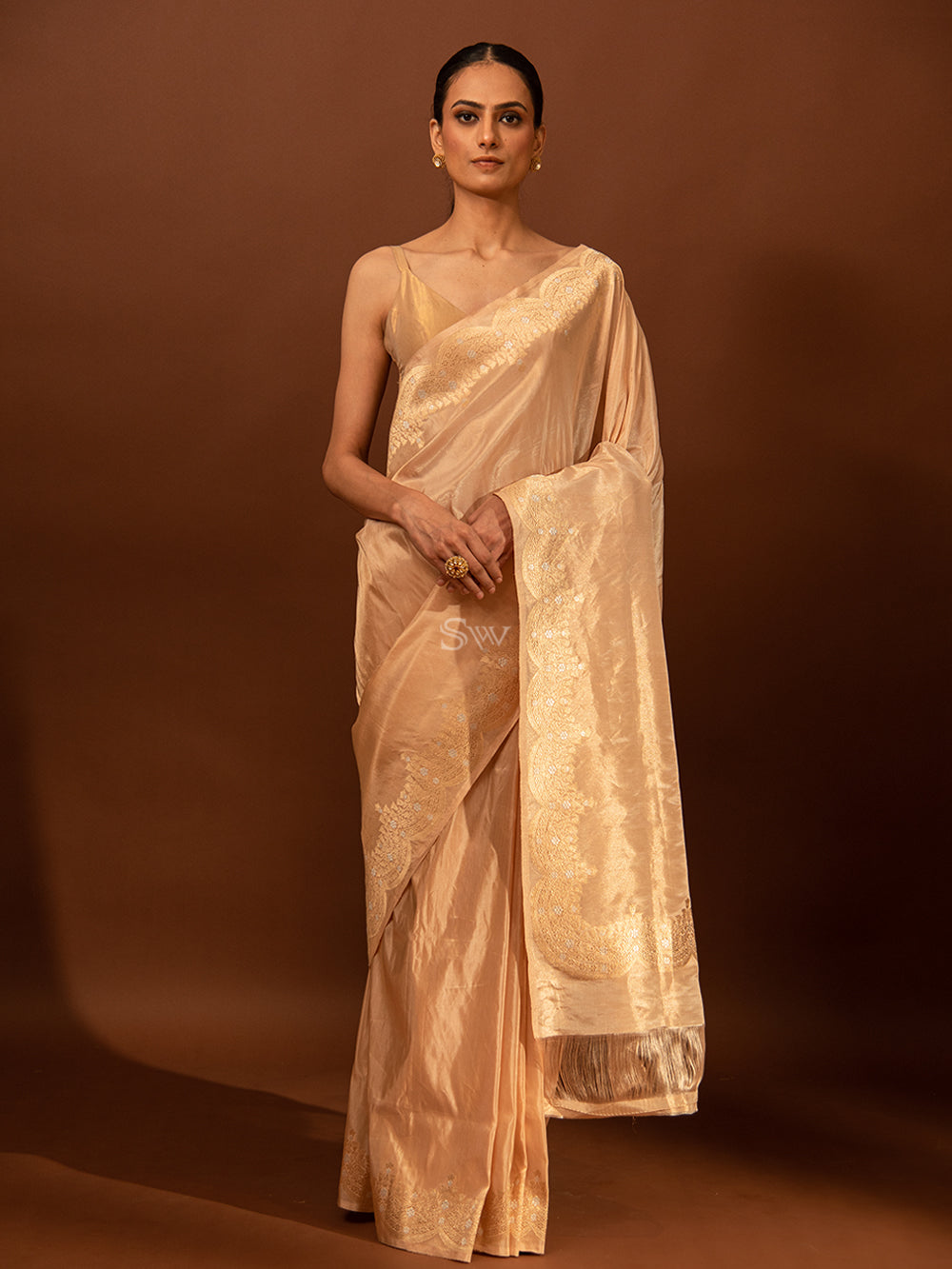 Pastel Peach Plain Katan Tissue Handloom Banarasi Saree - Sacred Weaves