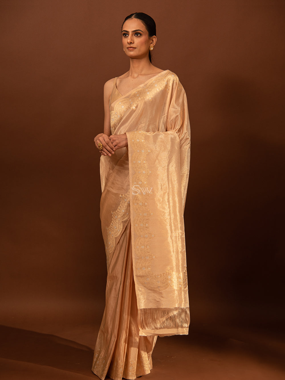 Pastel Peach Plain Katan Tissue Handloom Banarasi Saree - Sacred Weaves