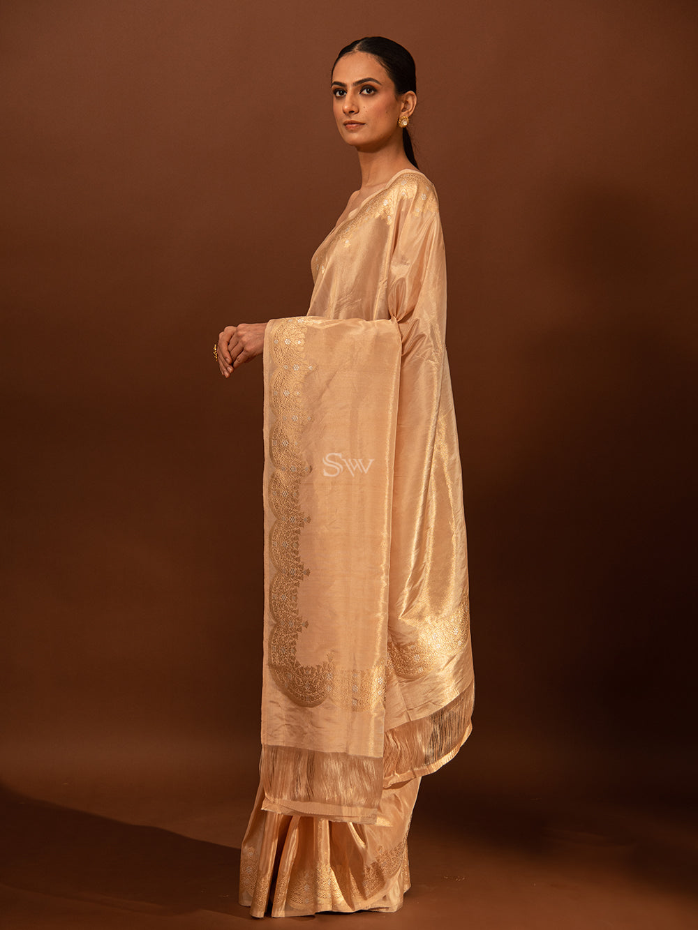 Pastel Peach Plain Katan Tissue Handloom Banarasi Saree - Sacred Weaves