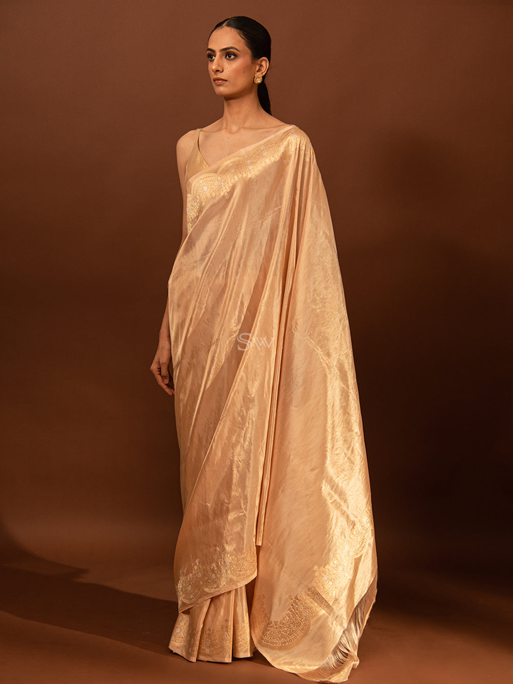 Pastel Peach Plain Katan Tissue Handloom Banarasi Saree - Sacred Weaves