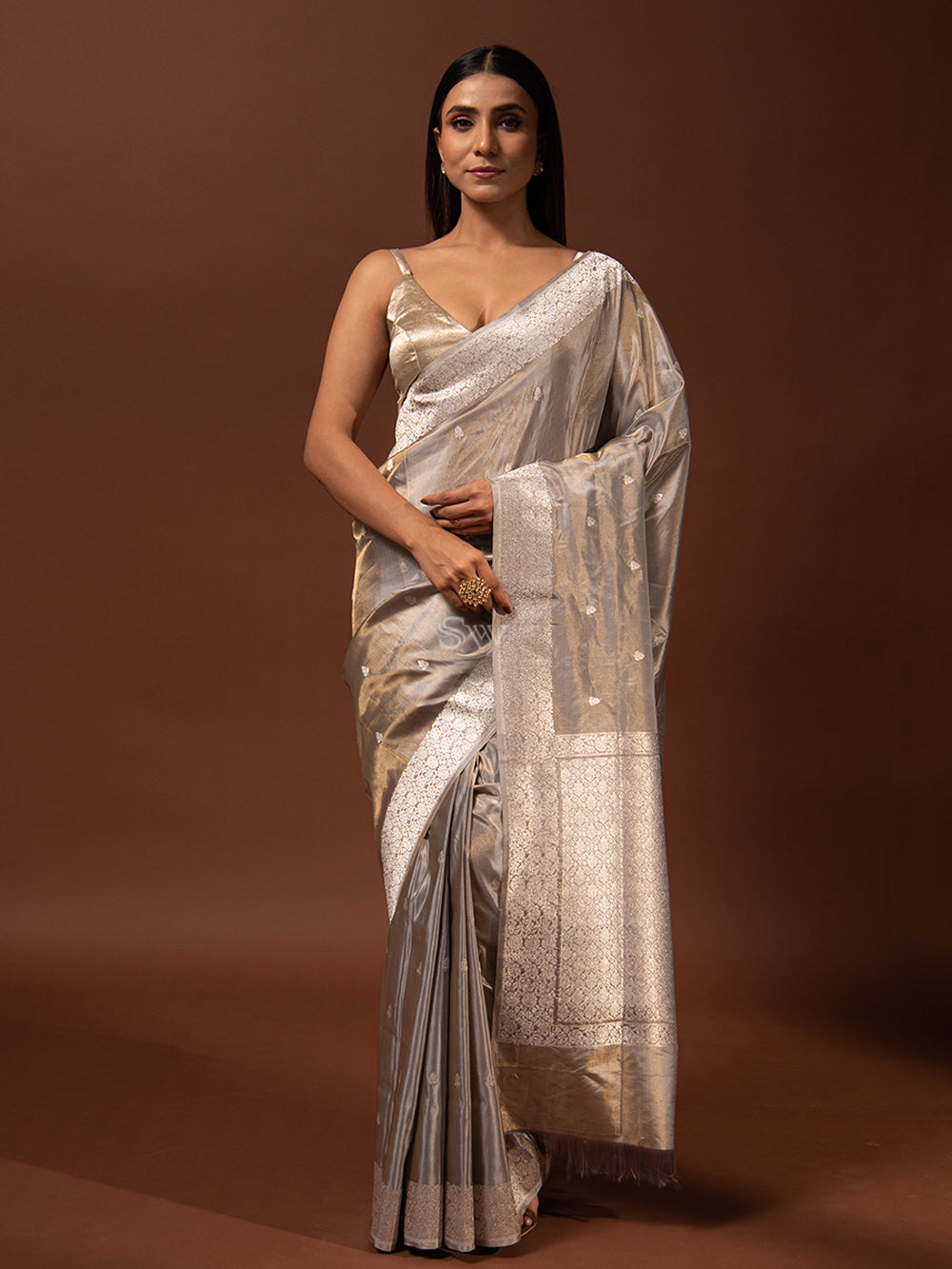 Grey Katan Silk Tissue Handloom Banarasi Saree - Sacred Weaves
